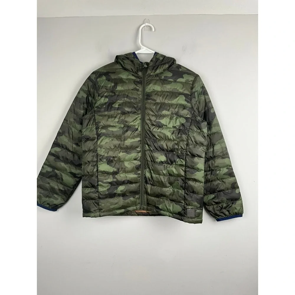 GAP Kids Large Camo Puffer Jacket Hooded Lightweight Zip Up Green‎ Camouflage
